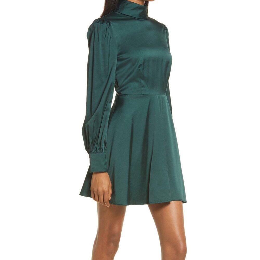BARDOT Green Satin Long Sleeve Dress Back Cutout High Neck